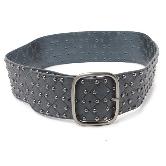 Wide Faux Leather Studded Belt Navy Steel Blue Silver Club Retro Vegan Hip - Picture 12 of 12